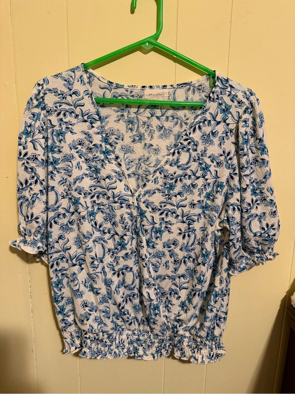 Blue Floral V-Neck Smocked Waist Blouse